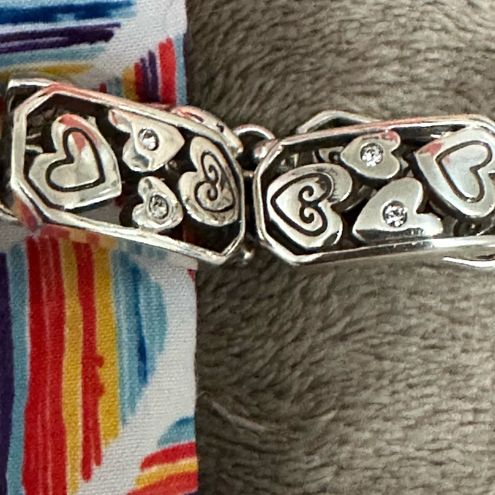 Brighton Silver Tone Hearts Scroll 7 Panel Link Rhinestone Bracelet 7” - Picture 2 of 10
